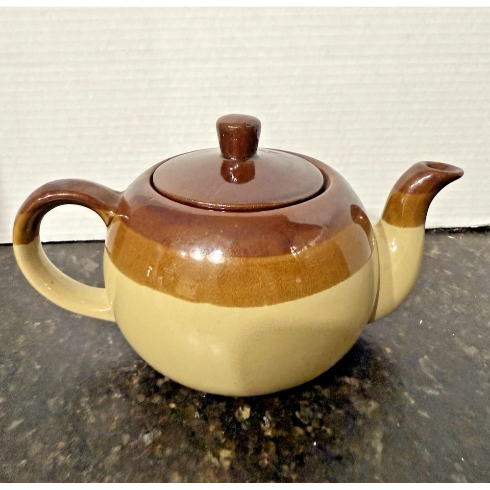 VTG Tan & Brown Stoneware Glazed Ceramic Teapot Farmhouse Primitive Décor Kettle